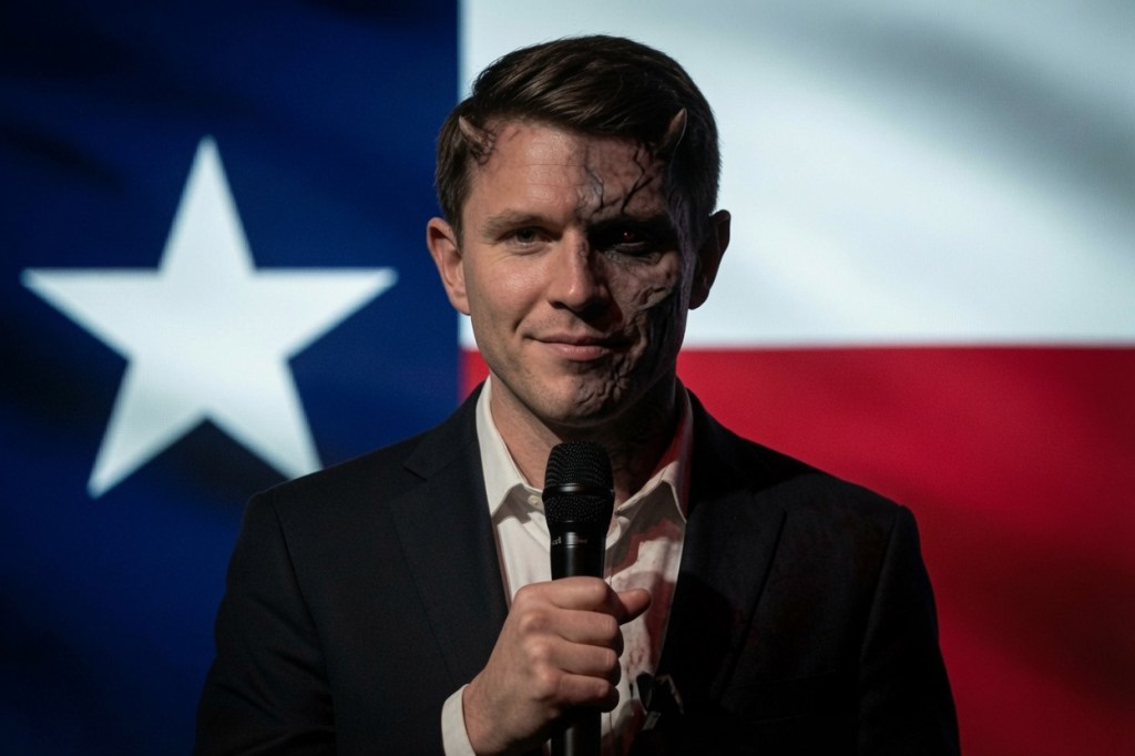 A man with face paint resembling cracks and dark features holds a microphone, standing in front of a Texas flag backdrop.