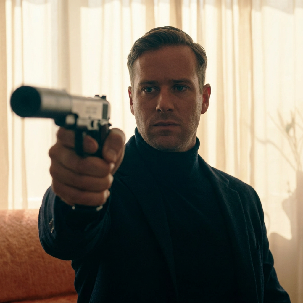 Citizen Vigilante-YouTube Screen Shot A man in a dark turtleneck and blazer aiming a handgun towards the viewer, with a serious expression, in a softly lit room.
