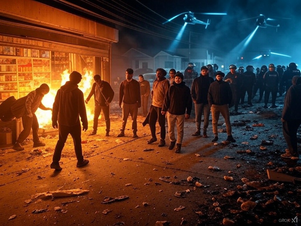 A group of individuals standing in front of a burning storefront at night, with debris scattered on the ground and helicopters illuminating the scene from above.