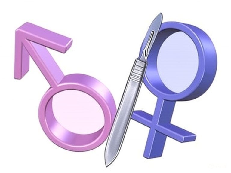 An illustration featuring male and female gender symbols in pink and blue, respectively, with a scalpel placed between them.