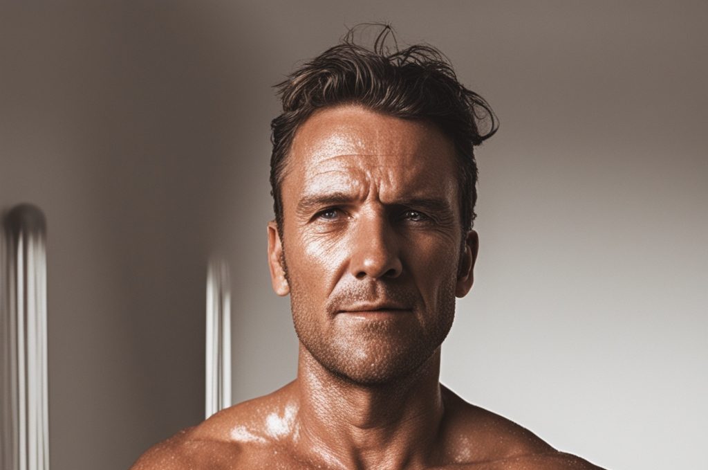 Shirtless, Muscular Man A close-up portrait of a man with short hair and a strong facial expression, showing glistening skin under soft lighting.