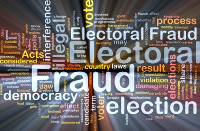 A word cloud highlighting terms related to electoral fraud and its implications for democracy and elections.