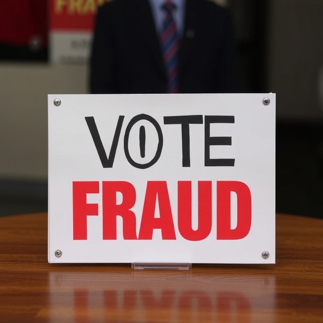 Sign reading 'VOTE FRAUD' prominently displayed on a table, with a blurred figure in a suit in the background.